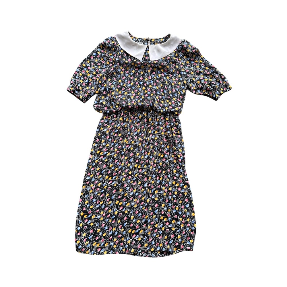 Vintage J.B. Too Abstract Floral Peter Pan Collar Dress Black Multi Size 18/M